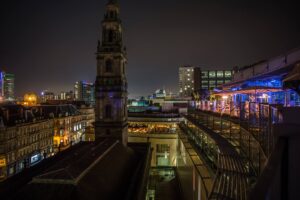 leeds city centre night view from crafthouse and angelica restaurant terrace